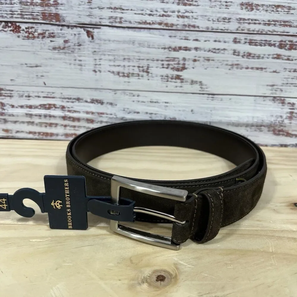 Brooks Brothers Brown Suede Belt Men’s Sz 44 Leather 5 Hole Silver Tone Buckle